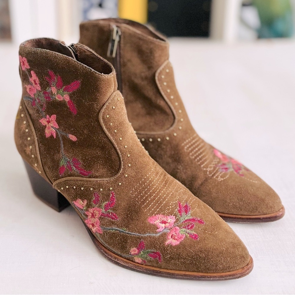 [ASH] Heidi Suede Leather Embroidered Floral + Butterfly Gold Stud Western Boot - Picture 2 of 11